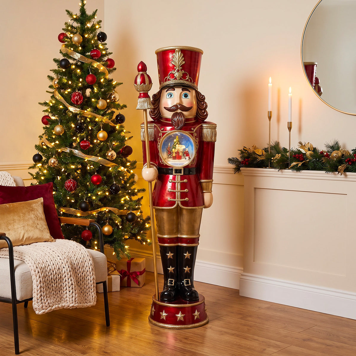 5ft Traditional Christmas Nutcracker with Animated Snow Globe & Multi-Coloured LED Lights