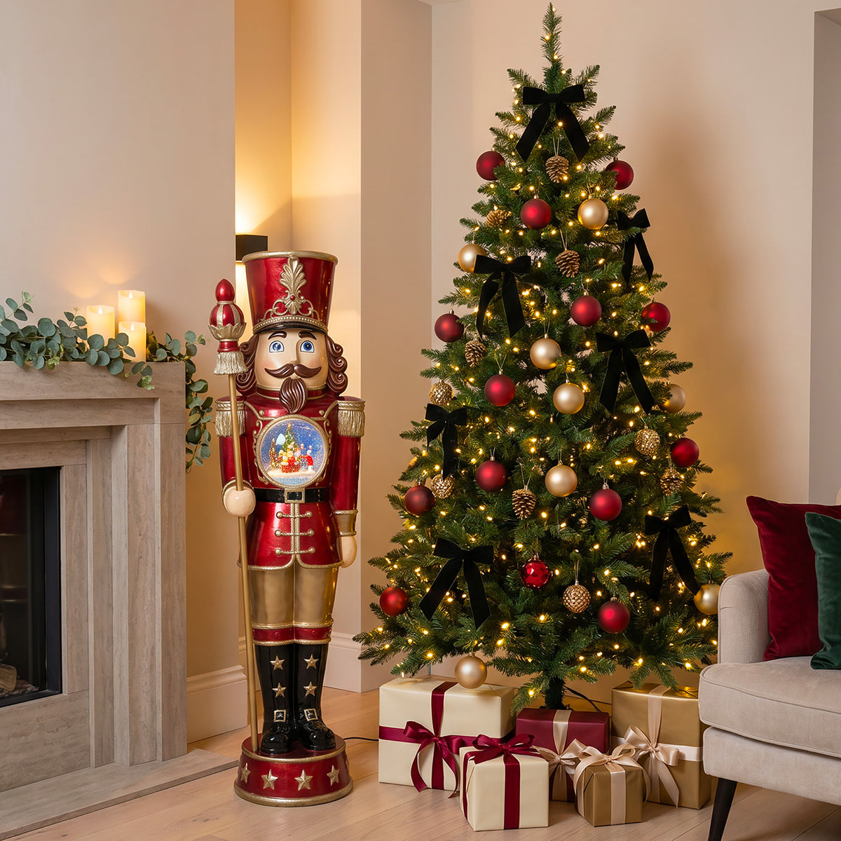 5ft Traditional Christmas Nutcracker with Animated Snow Globe & Multi-Coloured LED Lights