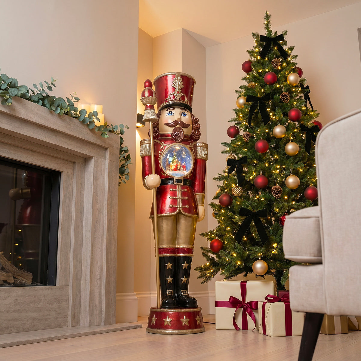 5ft Traditional Christmas Nutcracker with Animated Snow Globe & Multi-Coloured LED Lights