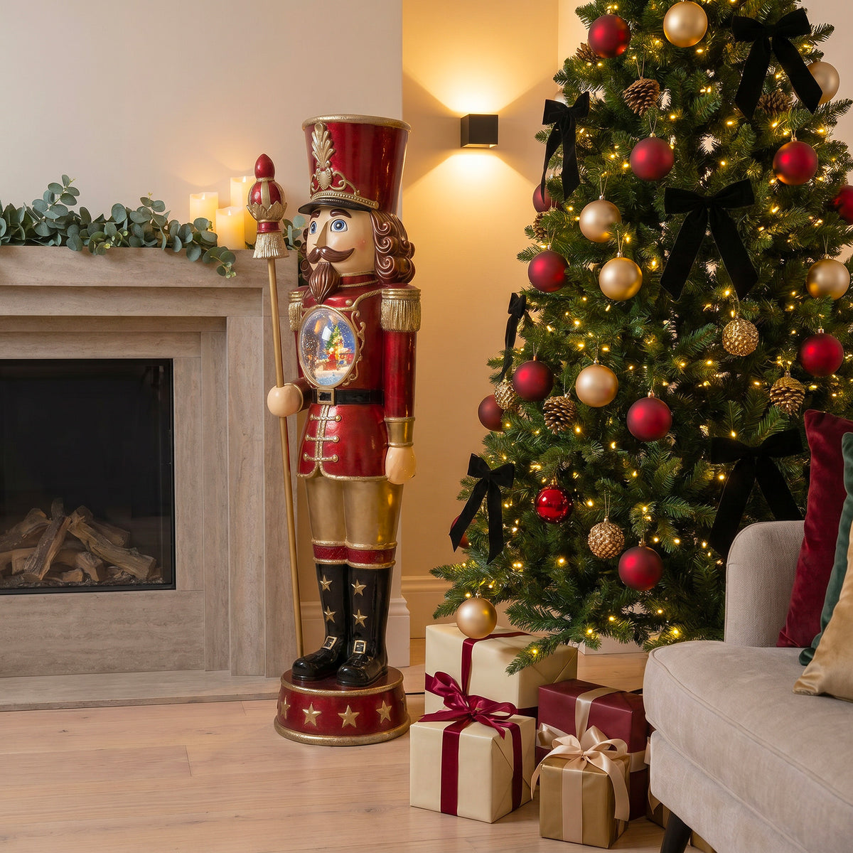 5ft Traditional Christmas Nutcracker with Animated Snow Globe & Multi-Coloured LED Lights