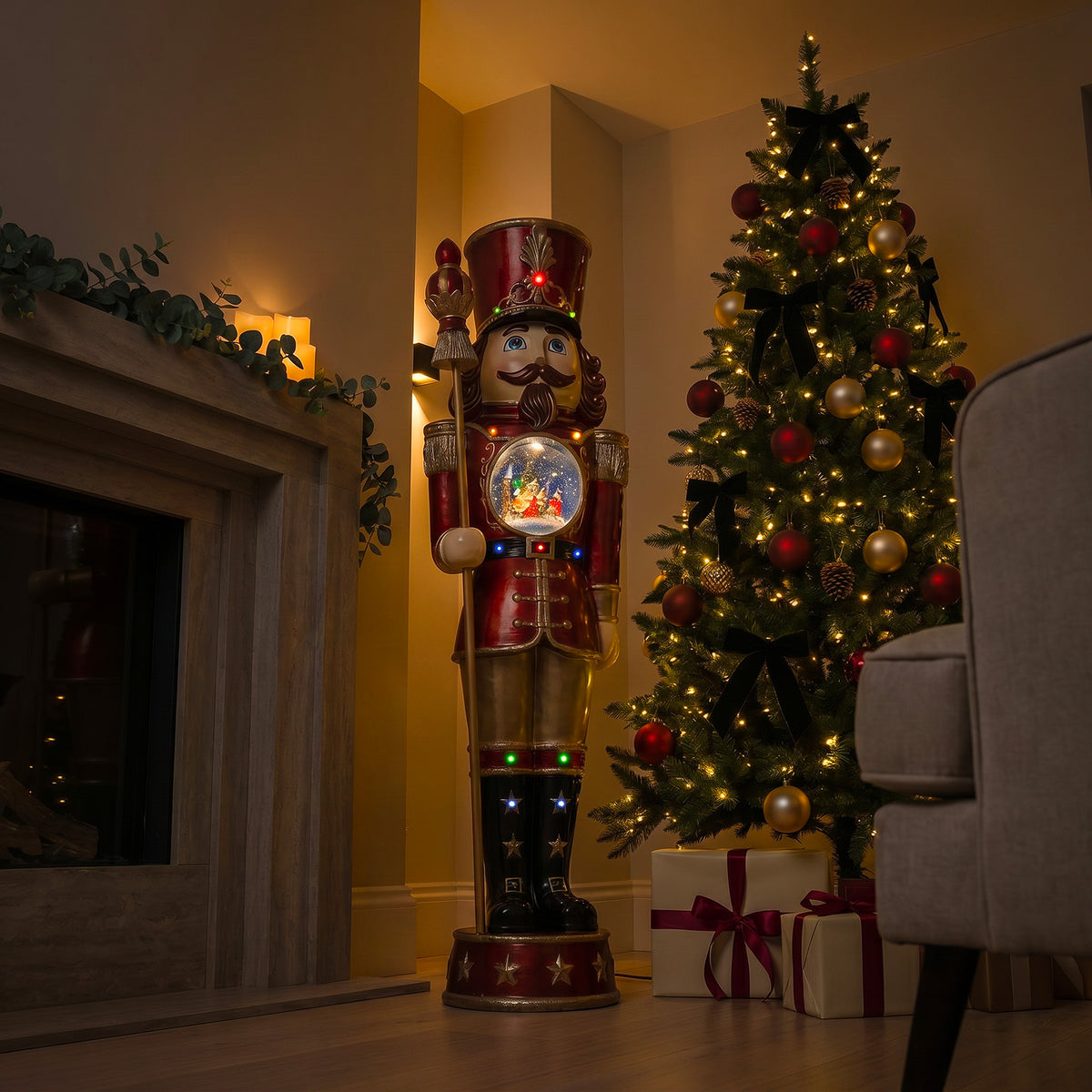 5ft Traditional Christmas Nutcracker with Animated Snow Globe & Multi-Coloured LED Lights