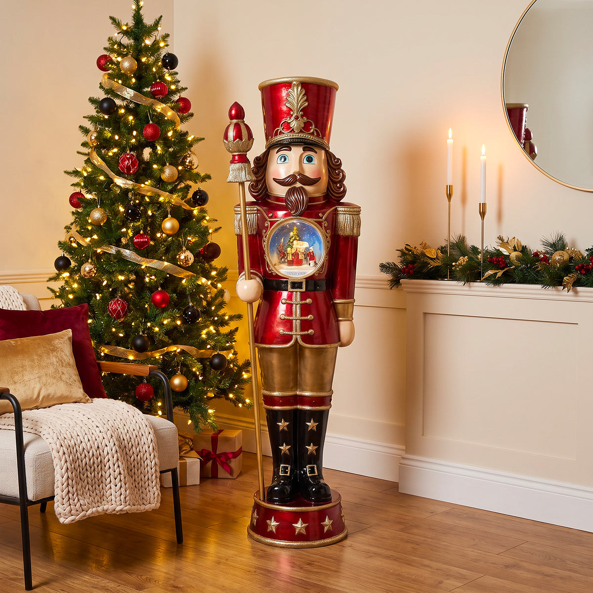 5ft Traditional Christmas Nutcracker with Animated Snow Globe & Multi-Coloured LED Lights