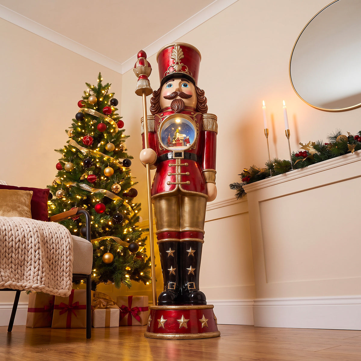 5ft Traditional Christmas Nutcracker with Animated Snow Globe & Multi-Coloured LED Lights
