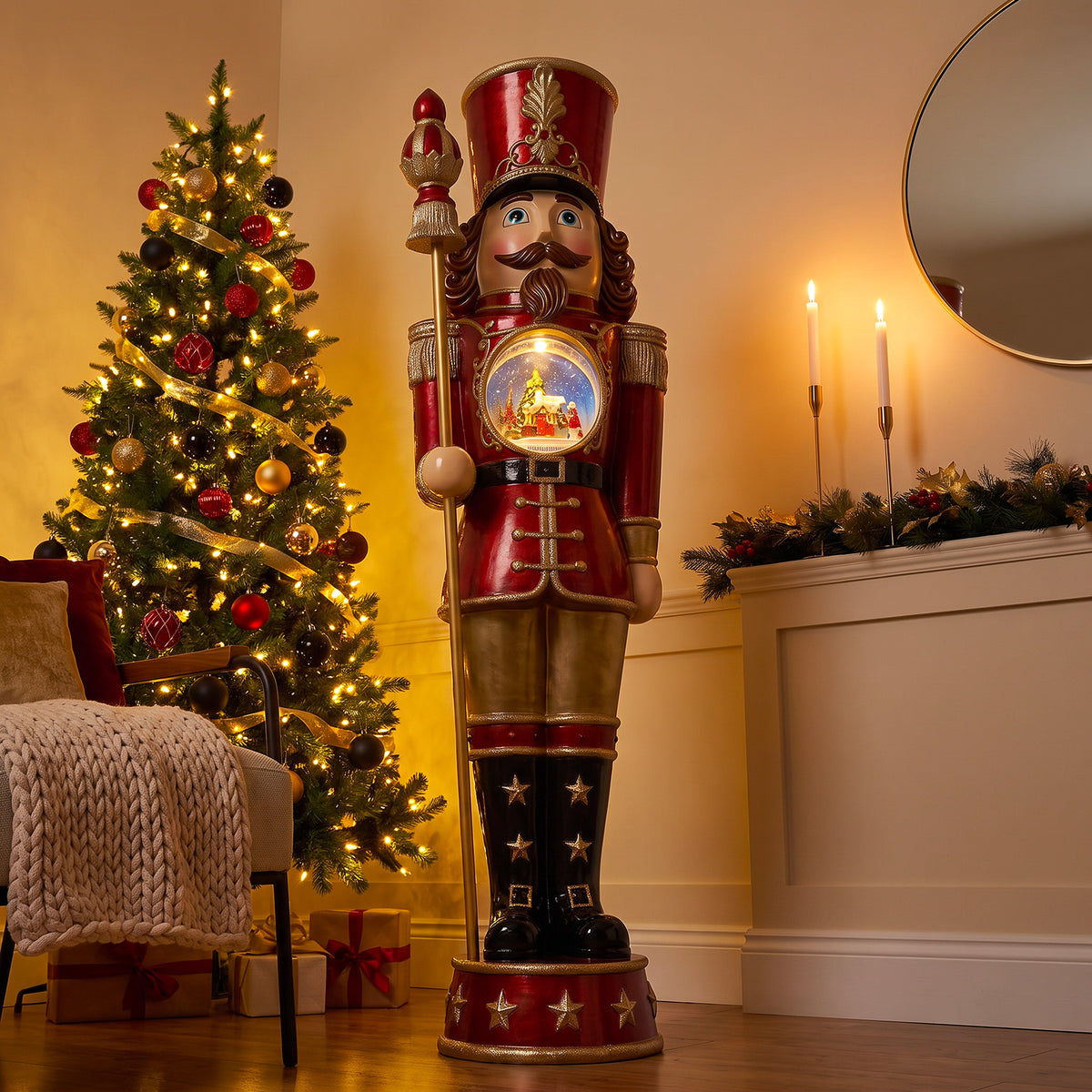 5ft Traditional Christmas Nutcracker with Animated Snow Globe & Multi-Coloured LED Lights
