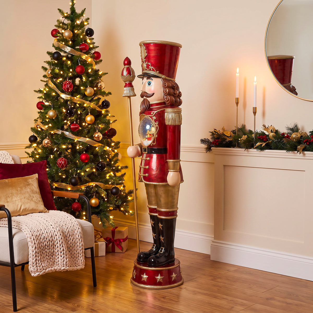5ft Traditional Christmas Nutcracker with Animated Snow Globe & Multi-Coloured LED Lights