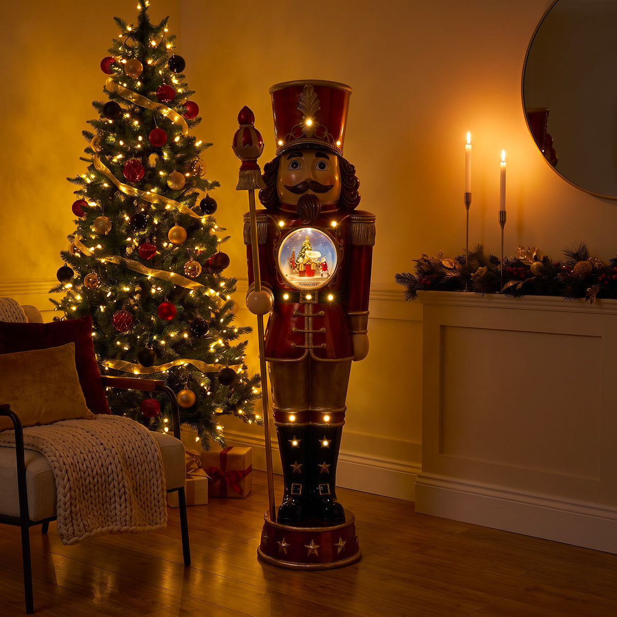 5ft Traditional Christmas Nutcracker with Animated Snow Globe & Multi-Coloured LED Lights