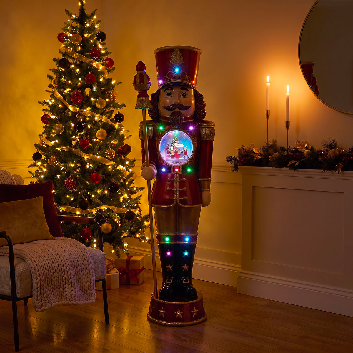 5ft Traditional Christmas Nutcracker with Animated Snow Globe & Multi-Coloured LED Lights