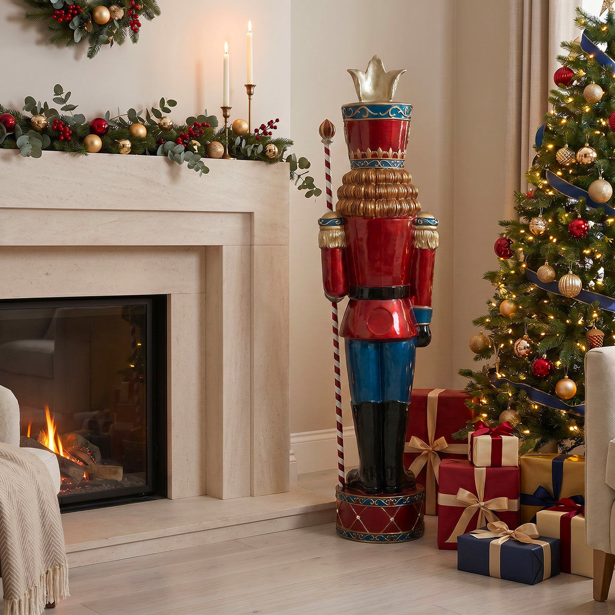 6ft Traditional Jewelled Soldier Nutcracker Red and Blue with Warm White LED Lights