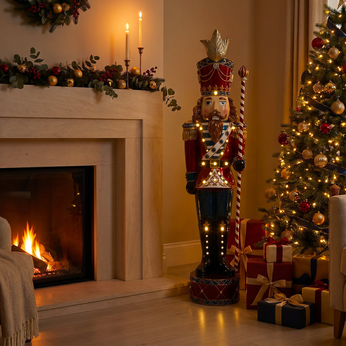 6ft Traditional Jewelled Soldier Nutcracker Red and Blue with Warm White LED Lights