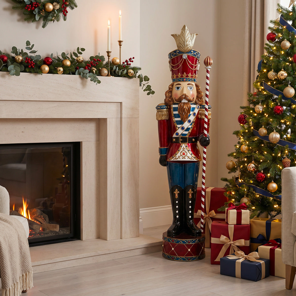 6ft Traditional Jewelled Soldier Nutcracker Red and Blue with Warm White LED Lights