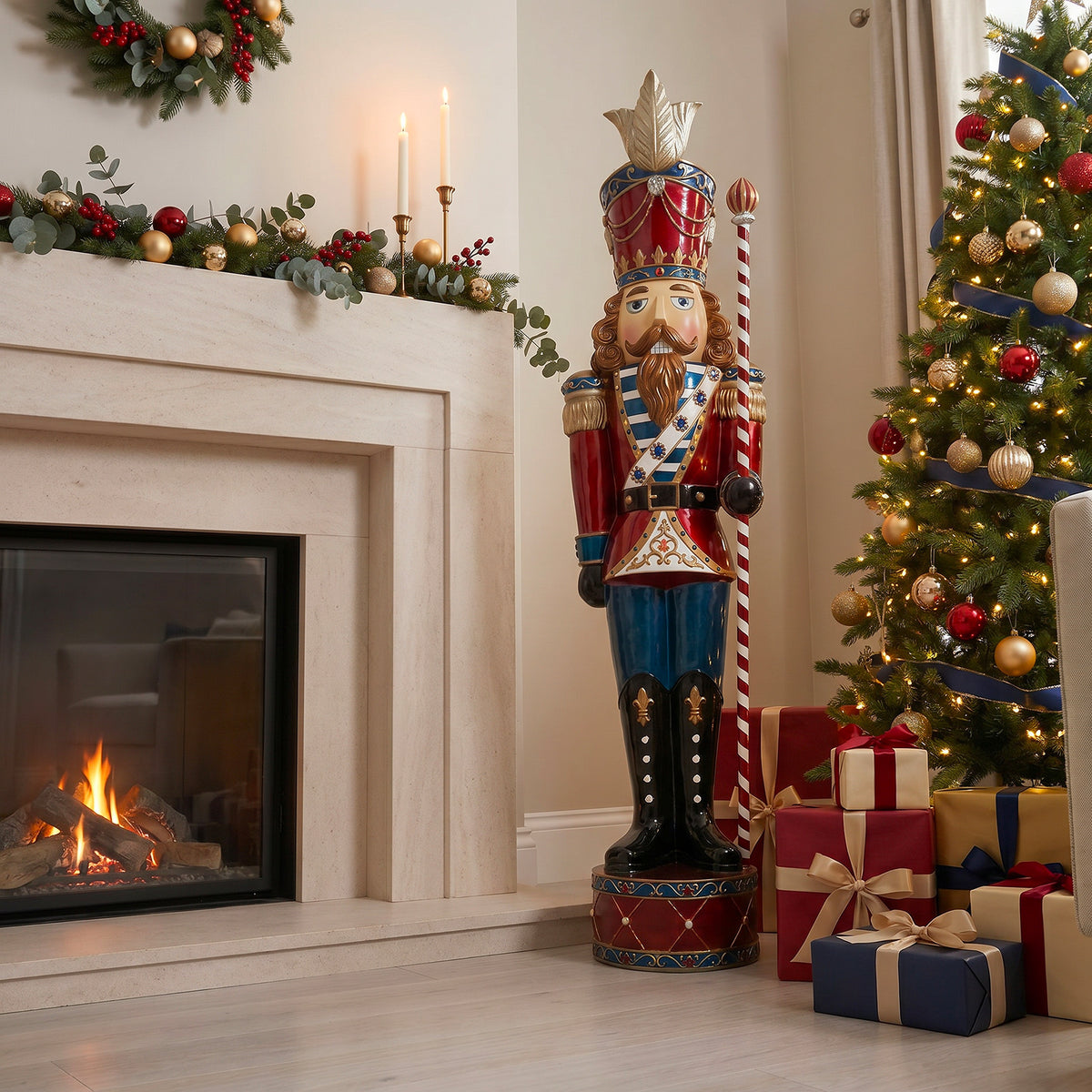 6ft Traditional Jewelled Soldier Nutcracker Red and Blue with Warm White LED Lights