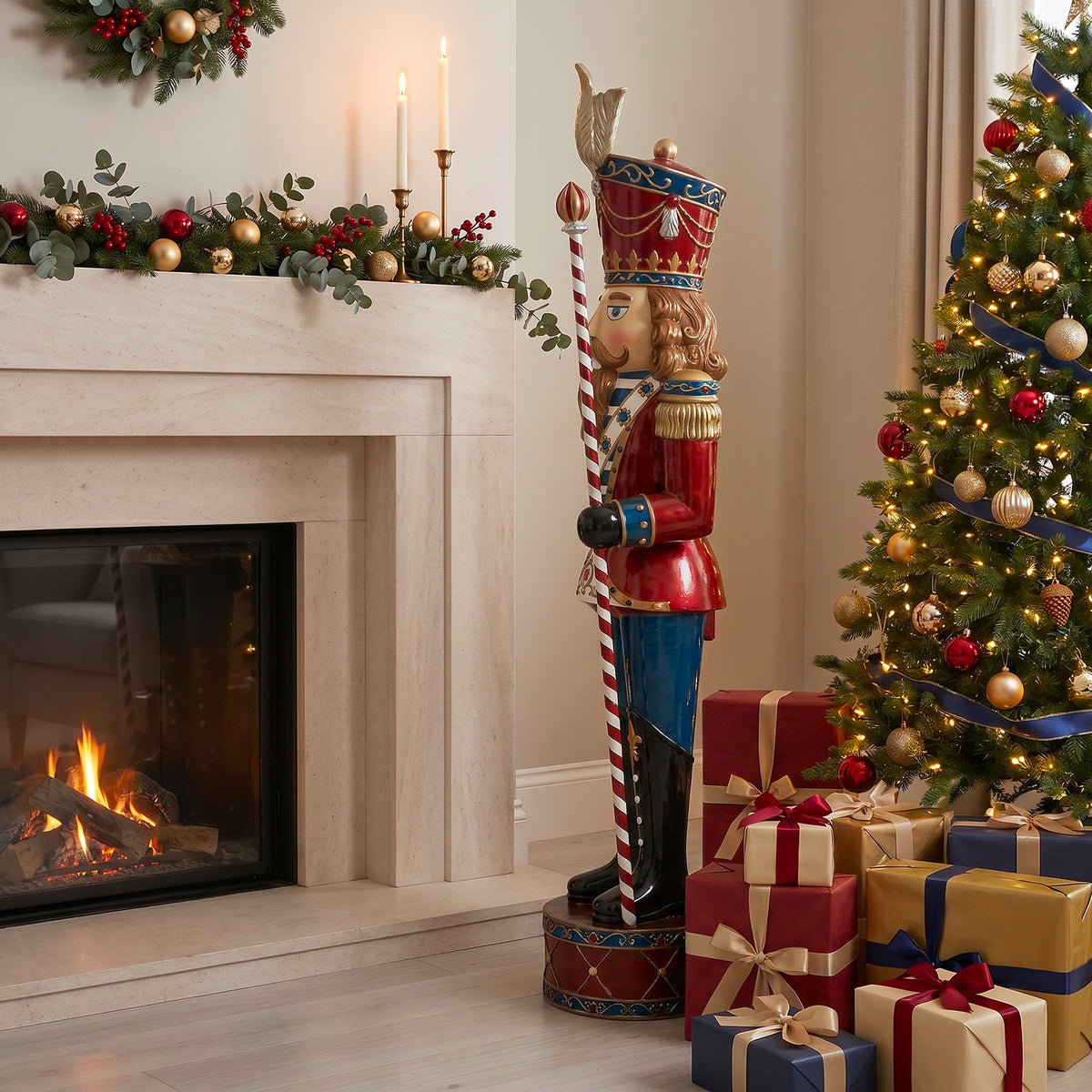 6ft Traditional Jewelled Soldier Nutcracker Red and Blue with Warm White LED Lights