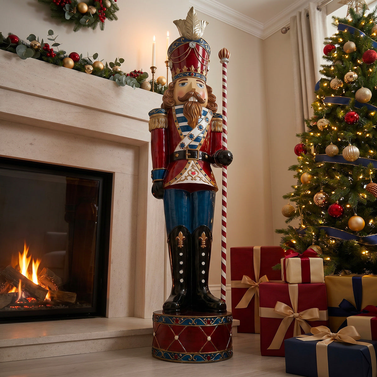 6ft Traditional Jewelled Soldier Nutcracker Red and Blue with Warm White LED Lights