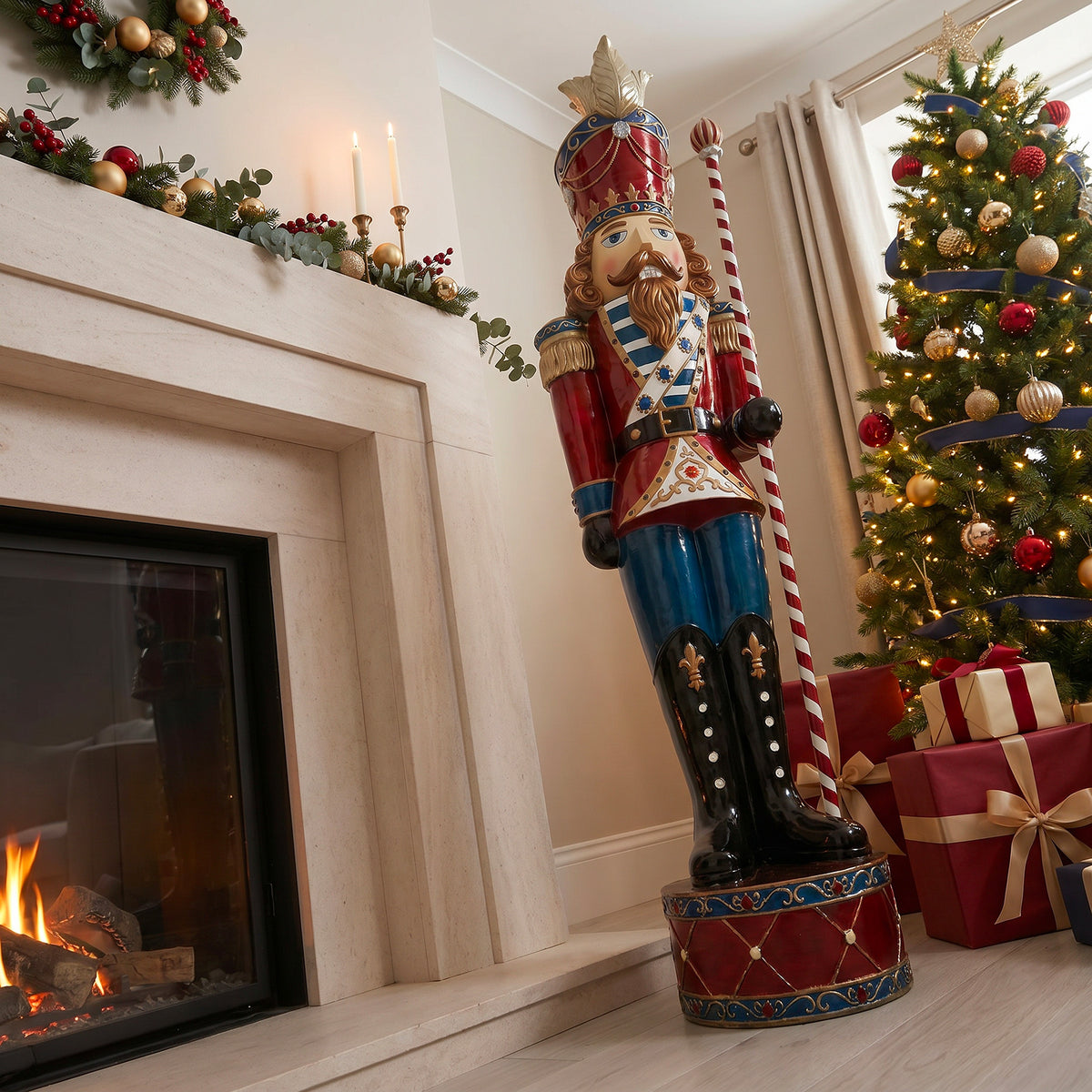 6ft Traditional Jewelled Soldier Nutcracker Red and Blue with Warm White LED Lights