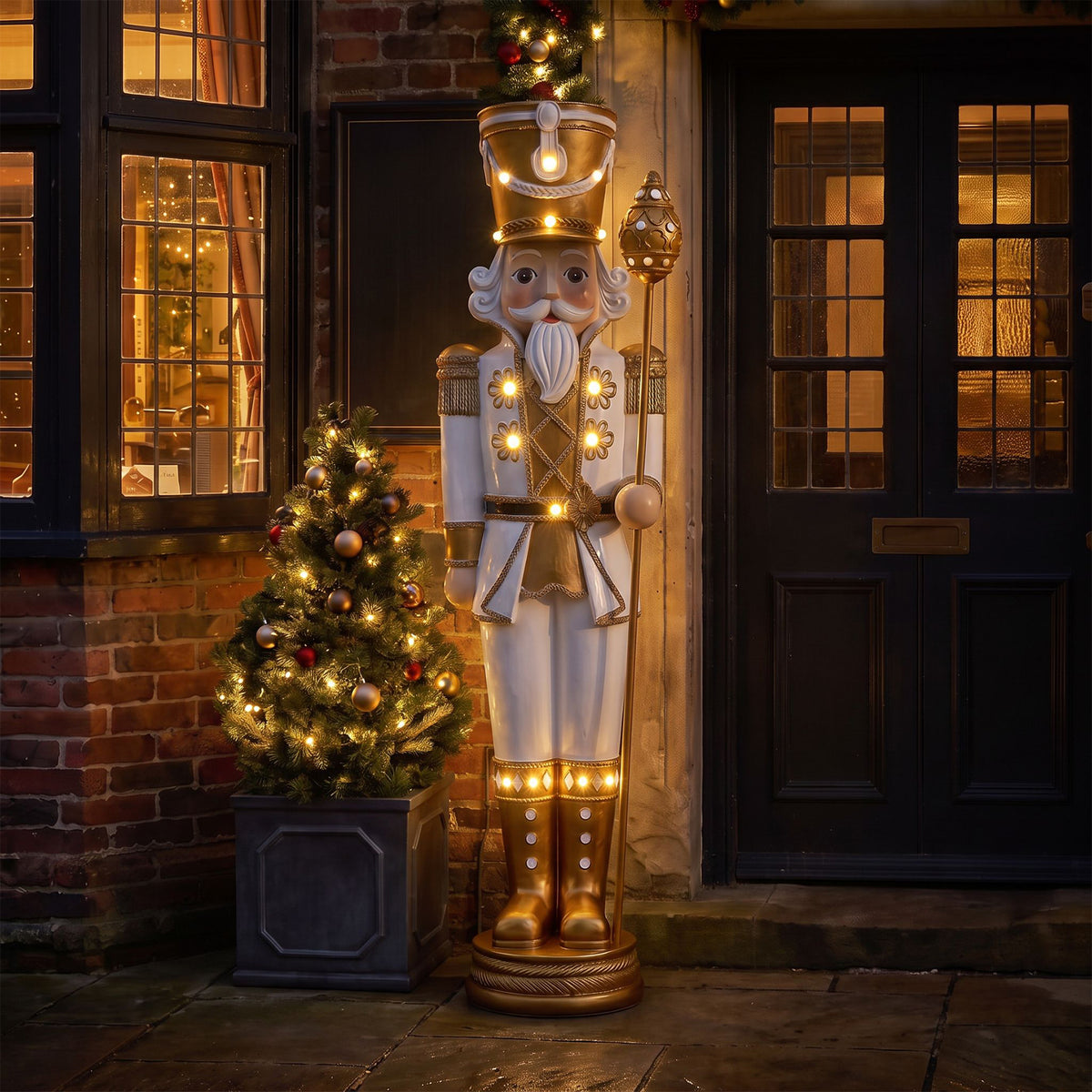 6ft Traditional Soldier Extra Large Nutcracker Gold and Ivory with Warm White LED Lights