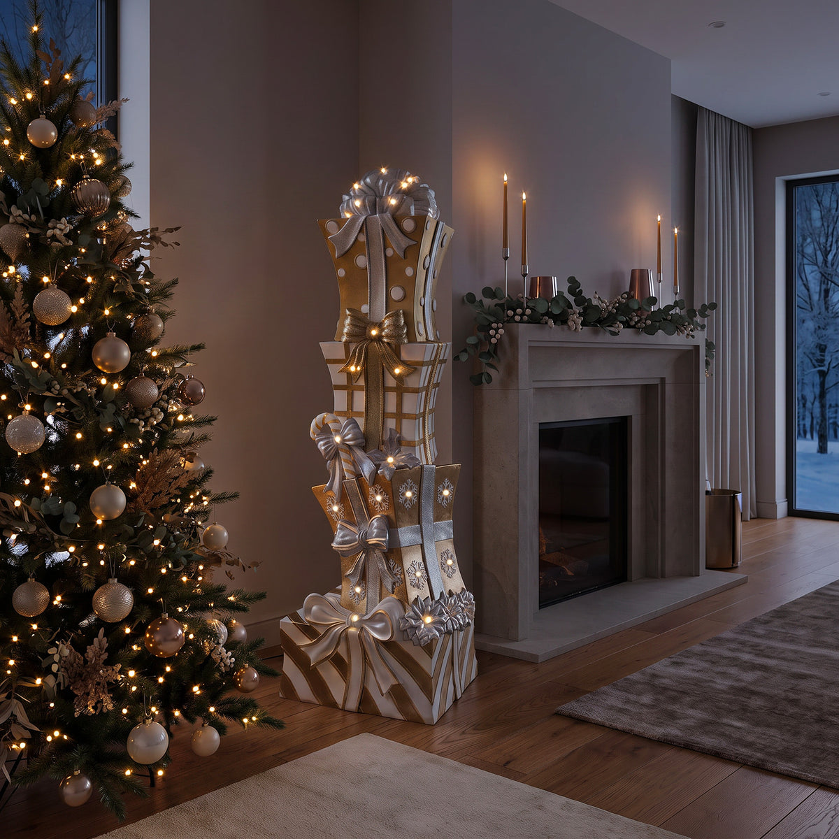 5ft Traditional Christmas Present Stack Gold & White with Warm White LED Strip Lights