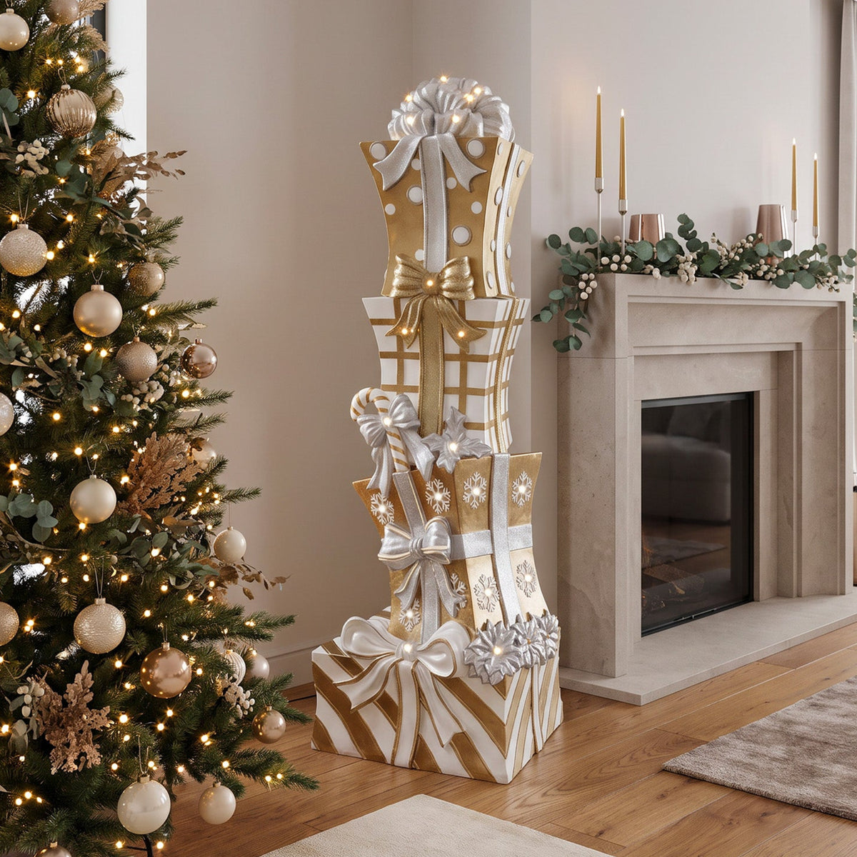 5ft Traditional Christmas Present Stack Gold & White with Warm White LED Strip Lights