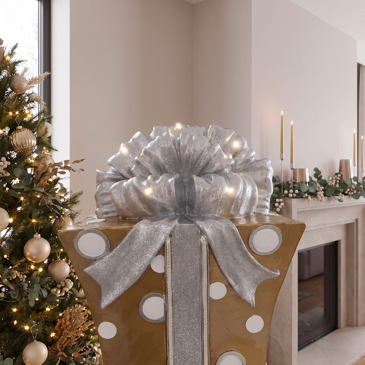 5ft Traditional Christmas Present Stack Gold & White with Warm White LED Strip Lights