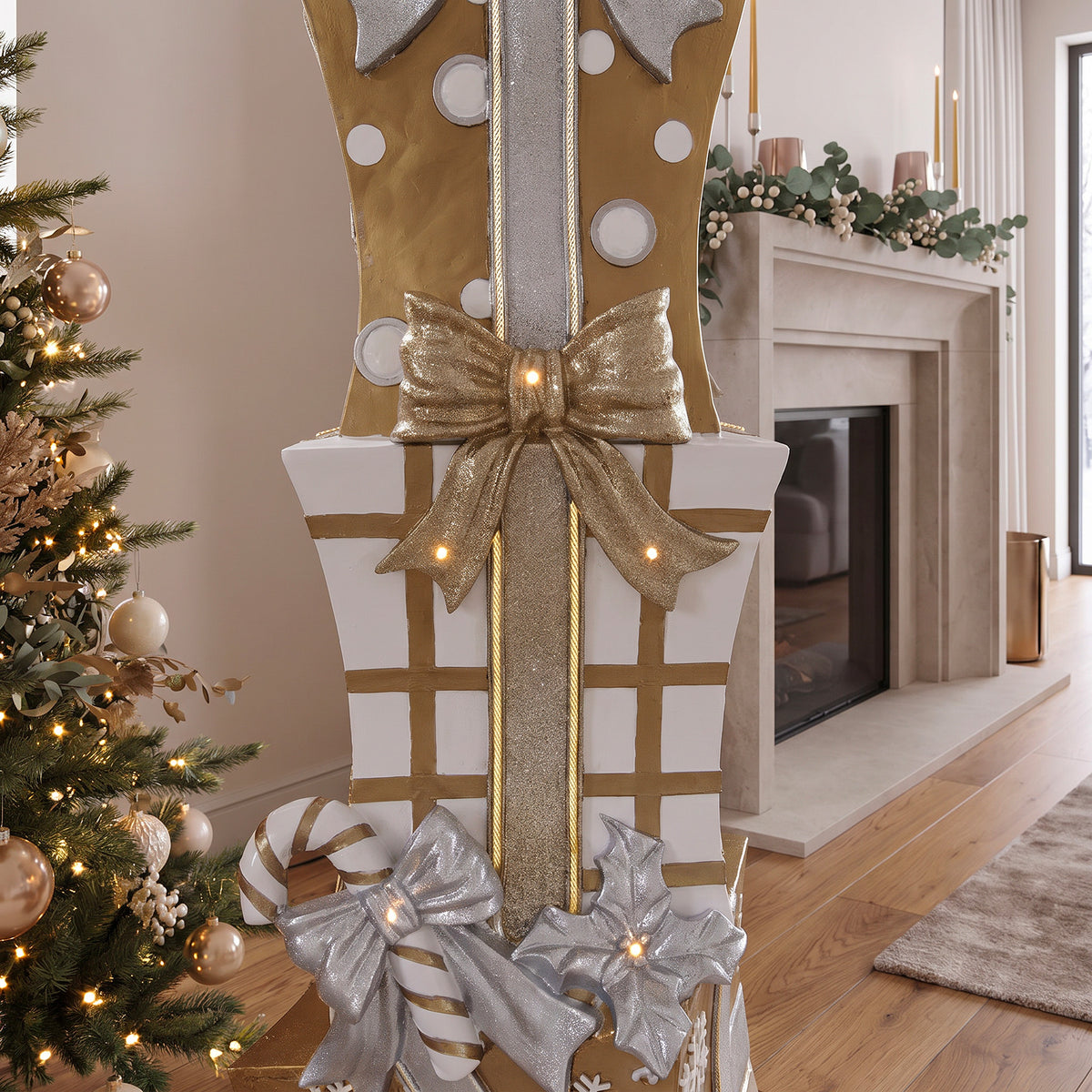 5ft Traditional Christmas Present Stack Gold & White with Warm White LED Strip Lights