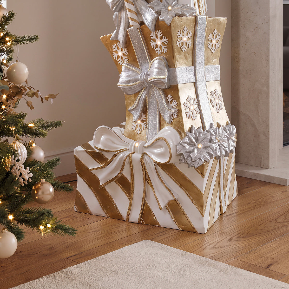 5ft Traditional Christmas Present Stack Gold & White with Warm White LED Strip Lights
