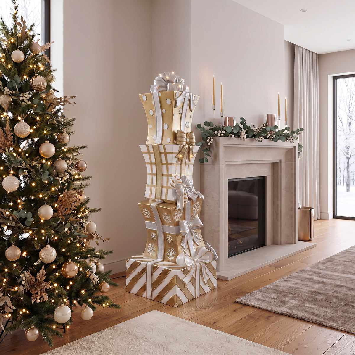 5ft Traditional Christmas Present Stack Gold & White with Warm White LED Strip Lights