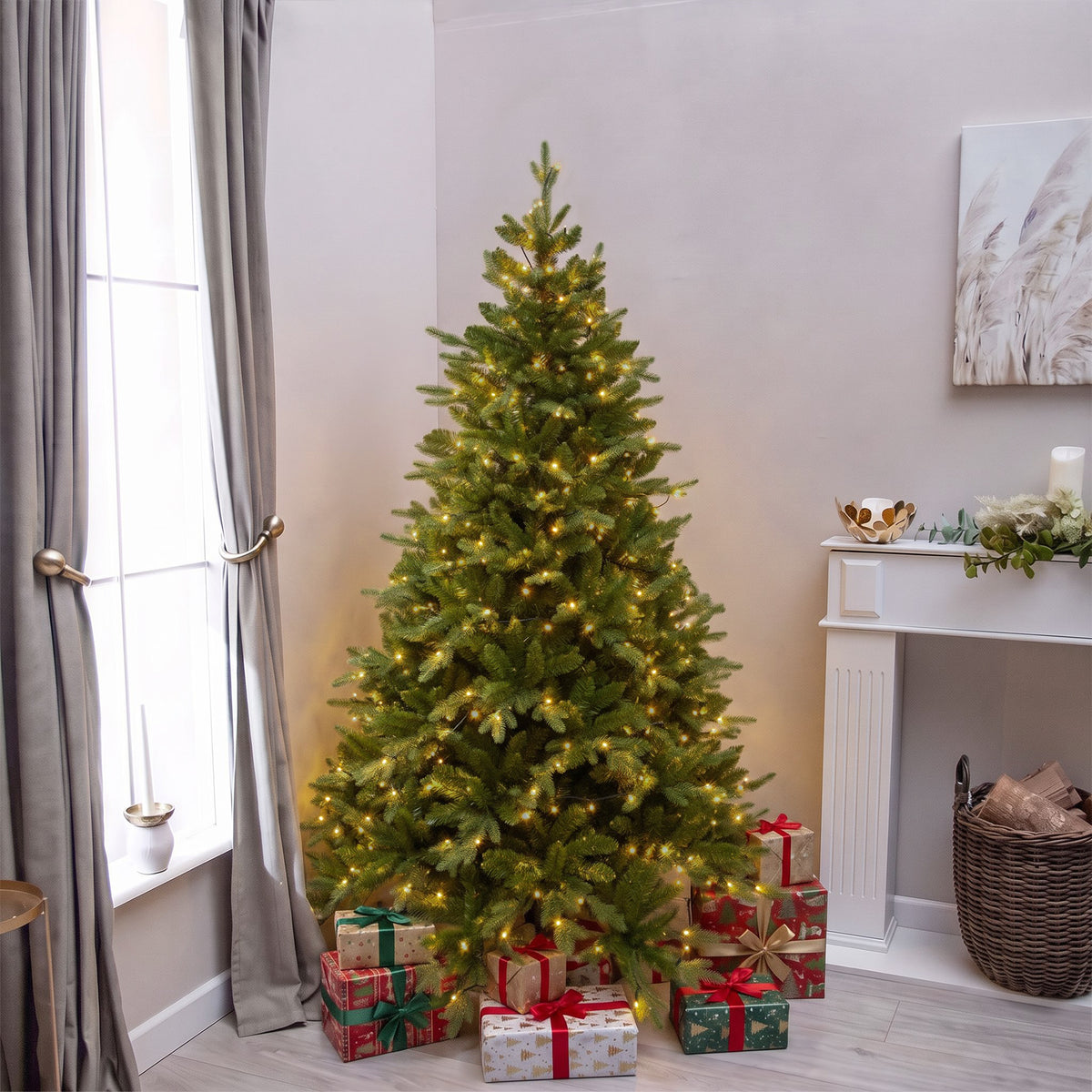 Basildon Artificial Pre-Lit Green PE/PVC Christmas Tree 6FT, 7FT, 9FT