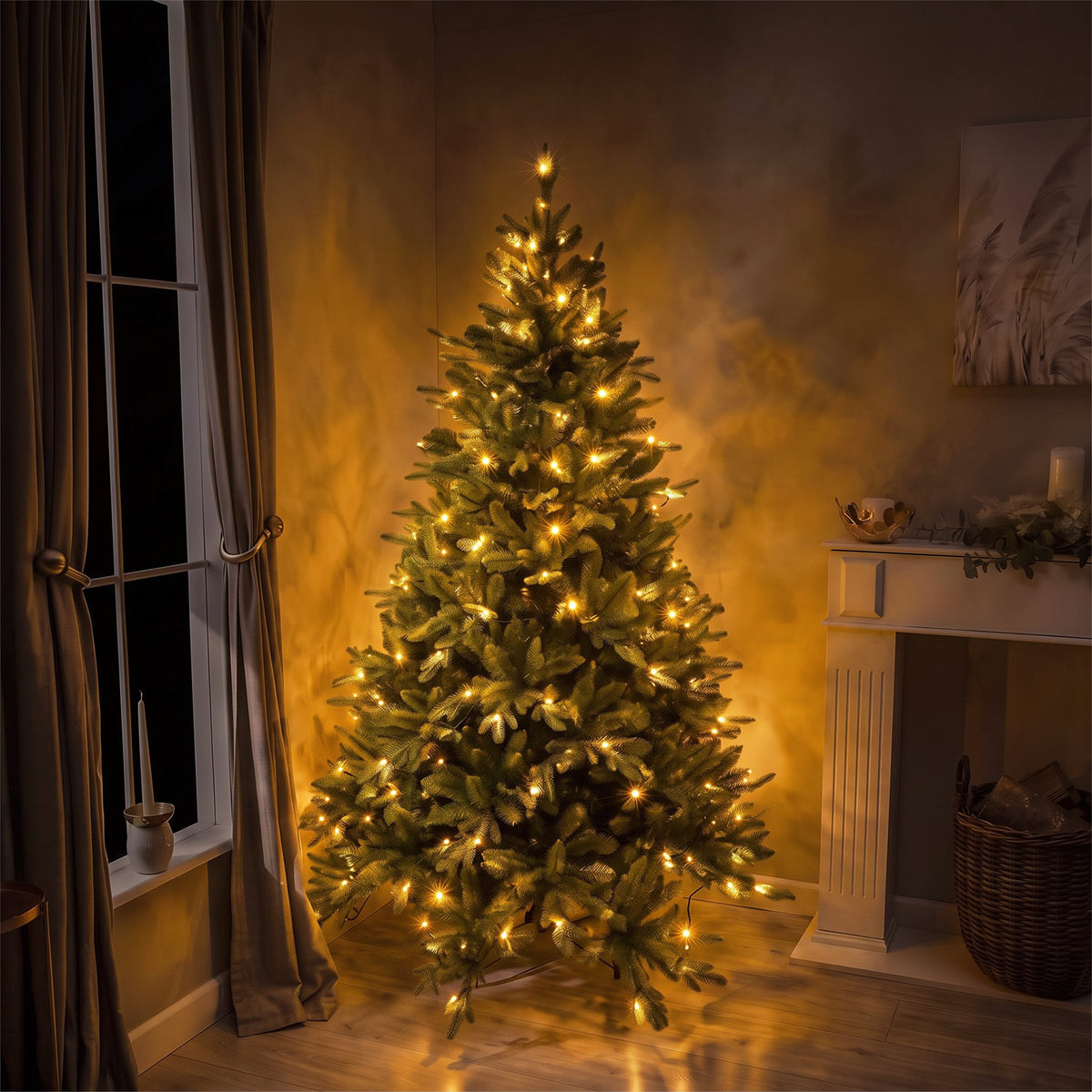 Basildon Artificial Pre-Lit Green PE/PVC Christmas Tree 6FT, 7FT, 9FT