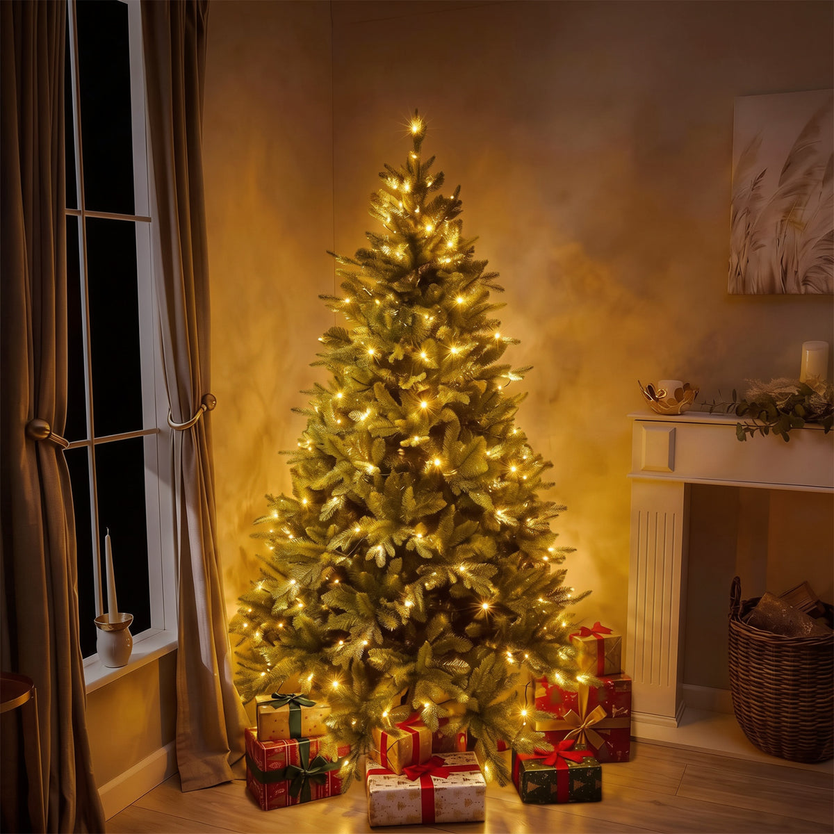 Basildon Artificial Pre-Lit Green PE/PVC Christmas Tree 6FT, 7FT, 9FT