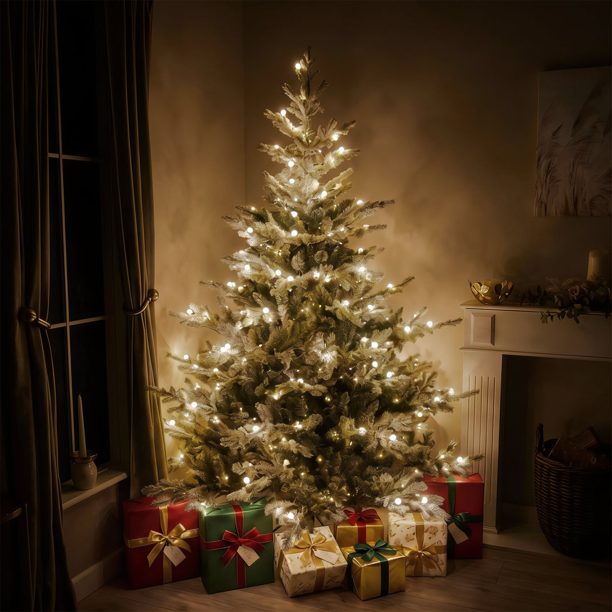 Regent Artificial Pre-Lit Green PE/PVC Christmas Tree with Snow 6FT, 7FT