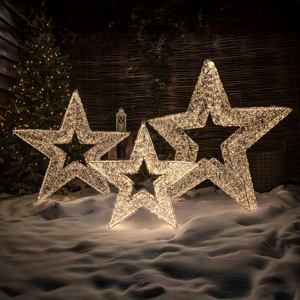 Set of 3 Pre-Lit Christmas Gold Light-Up Stars with Warm White LED Micro-lights