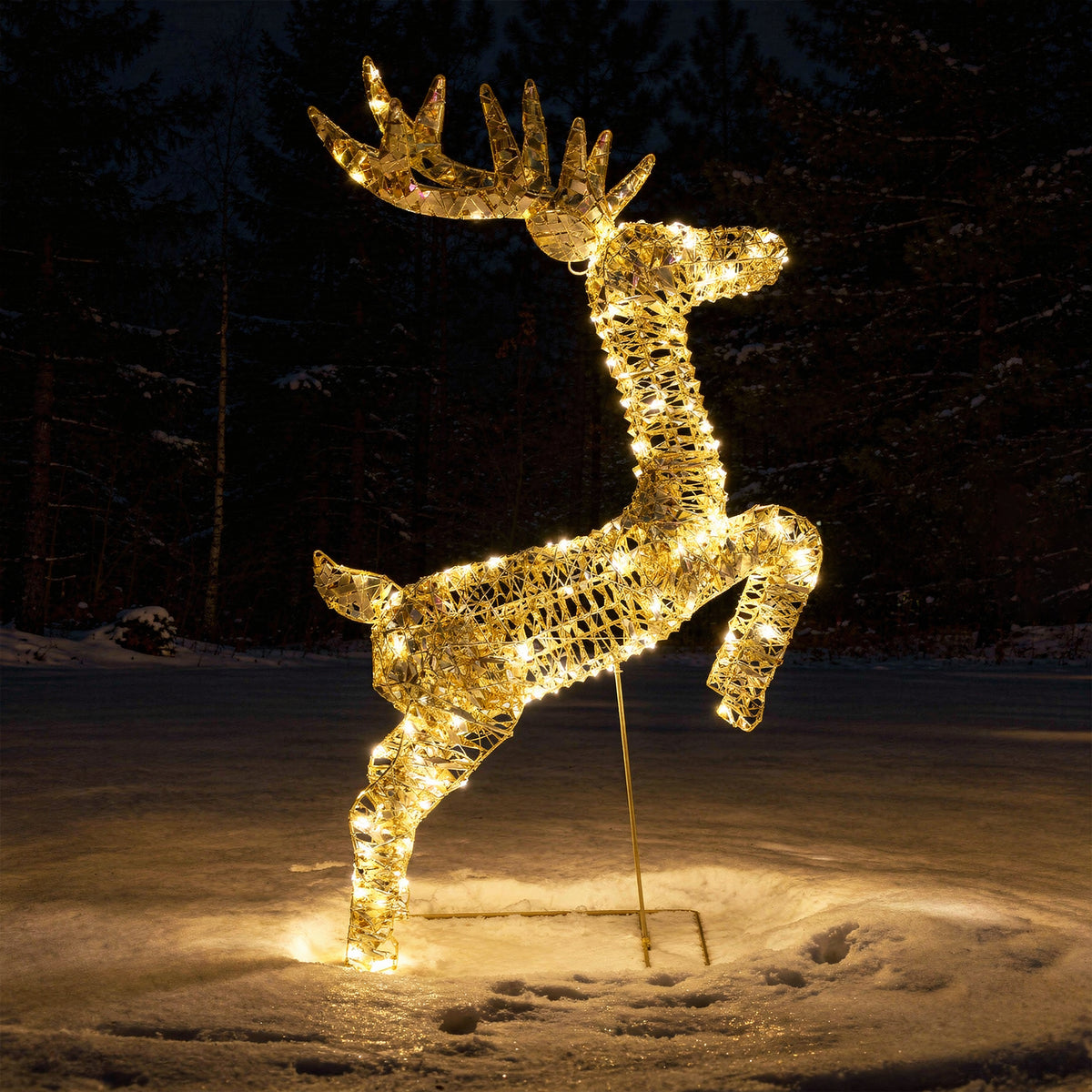 Pre-Lit Christmas Gold Laser Leaping Deer 1.2m with 960 Warm White LED Micro-Lights