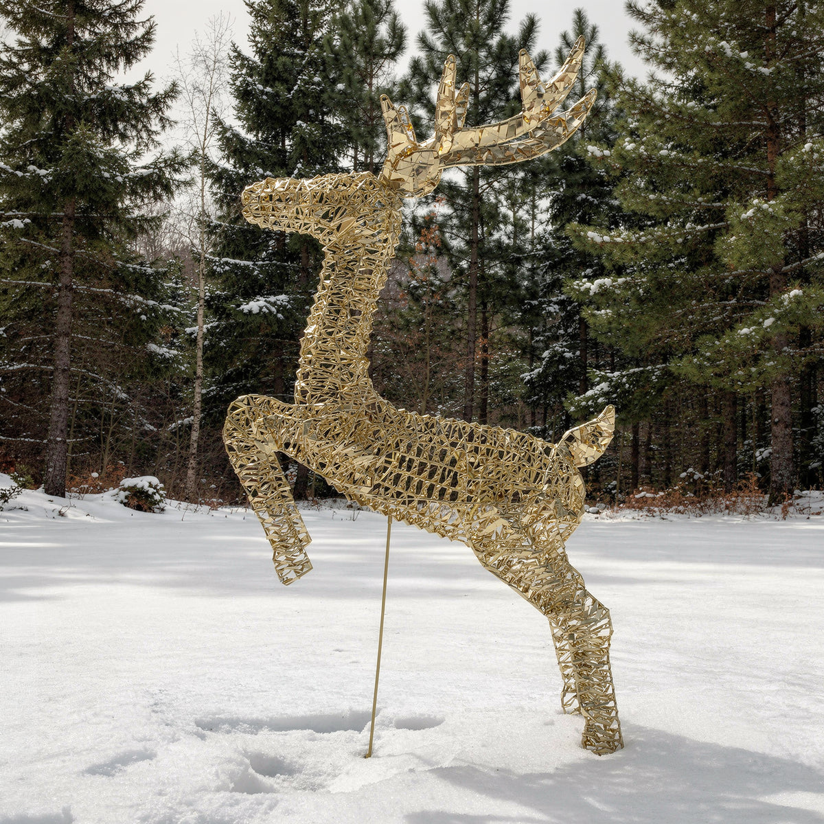Pre-Lit Christmas Gold Laser Leaping Deer 1.2m with 960 Warm White LED Micro-Lights
