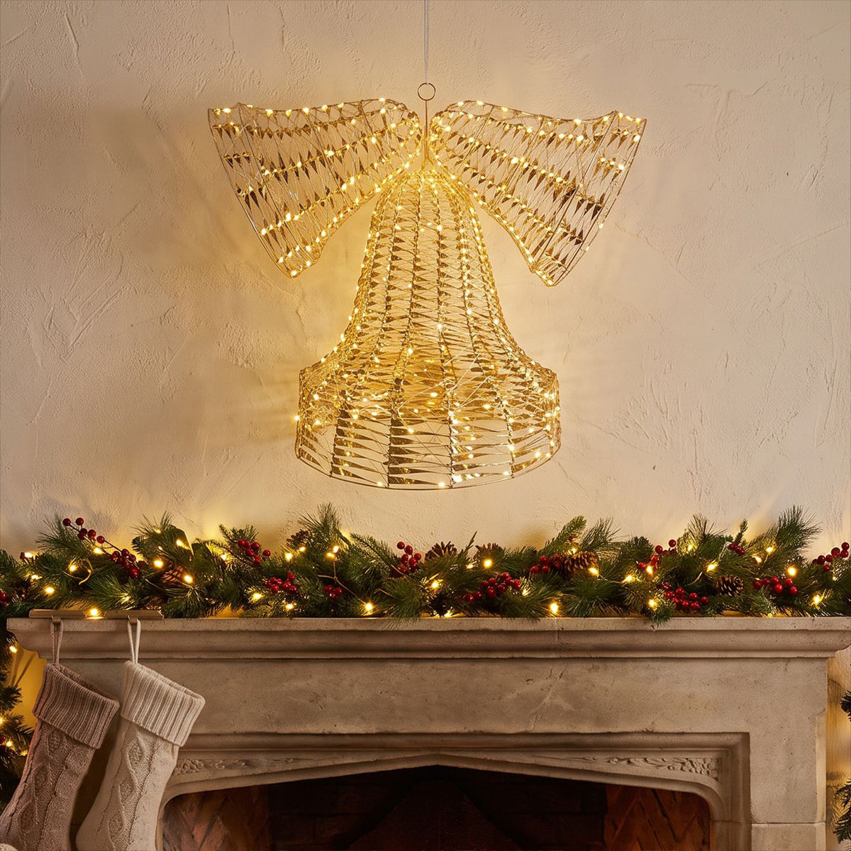 Pre-Lit Christmas Gold Laser Wall Bells 89cm with 1600 Warm White LED Micro-Lights