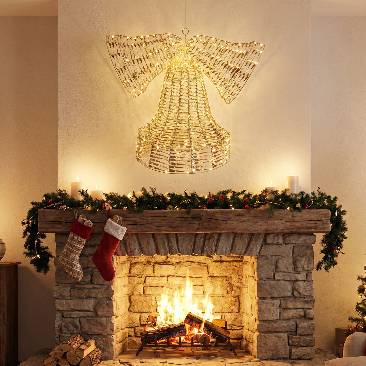 Pre-Lit Christmas Gold Laser Wall Bells 89cm with 1600 Warm White LED Micro-Lights