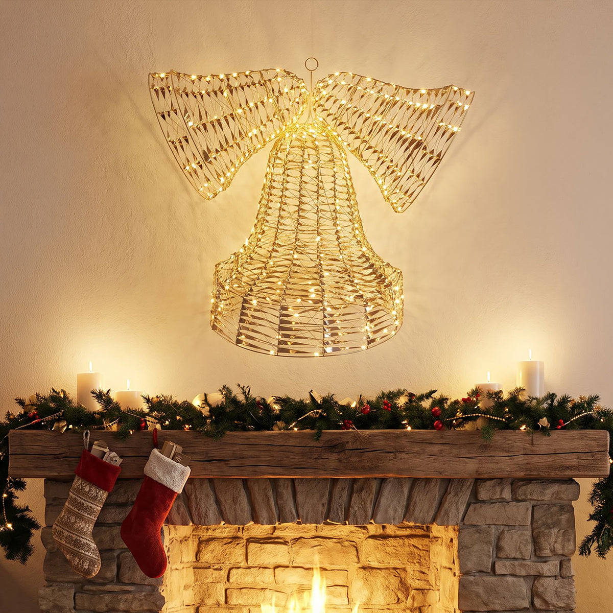 Pre-Lit Christmas Gold Laser Wall Bells 89cm with 1600 Warm White LED Micro-Lights