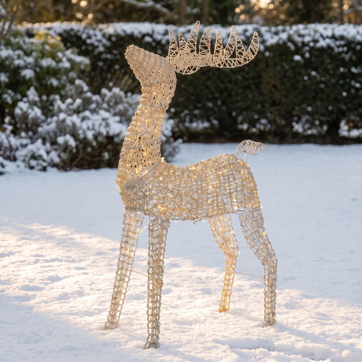 Pre-Lit Christmas Silver Curly Standing Stag 80cm with 600 Warm White LED Micro-Lights