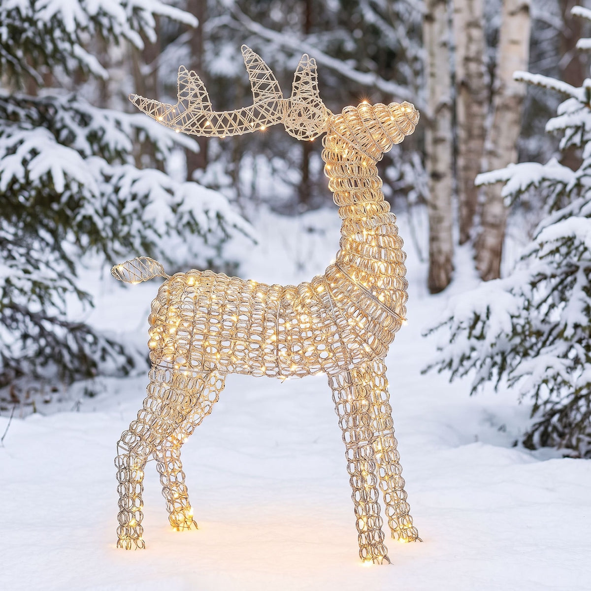 Pre-Lit Christmas Silver Curly Standing Stag 80cm with 600 Warm White LED Micro-Lights