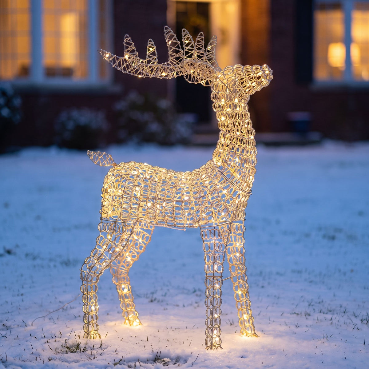 Pre-Lit Christmas Silver Curly Standing Stag 80cm with 600 Warm White LED Micro-Lights