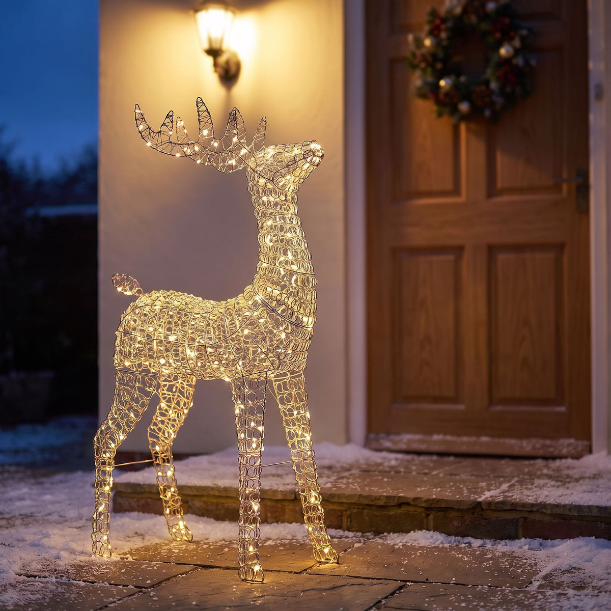 Pre-Lit Christmas Silver Curly Standing Stag 80cm with 600 Warm White LED Micro-Lights
