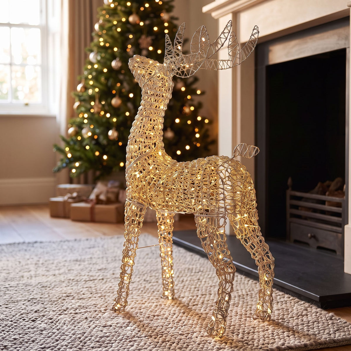 Pre-Lit Christmas Silver Curly Standing Stag 80cm with 600 Warm White LED Micro-Lights