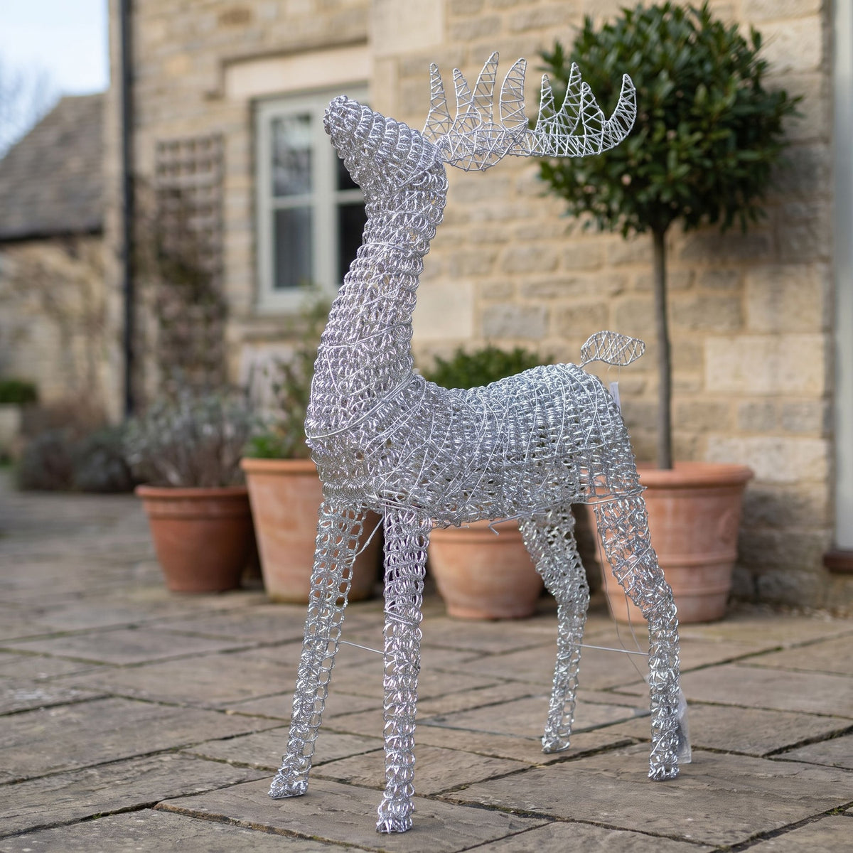 Pre-Lit Christmas Silver Curly Standing Stag 1.4m with 1440 Warm White LED Micro-Lights