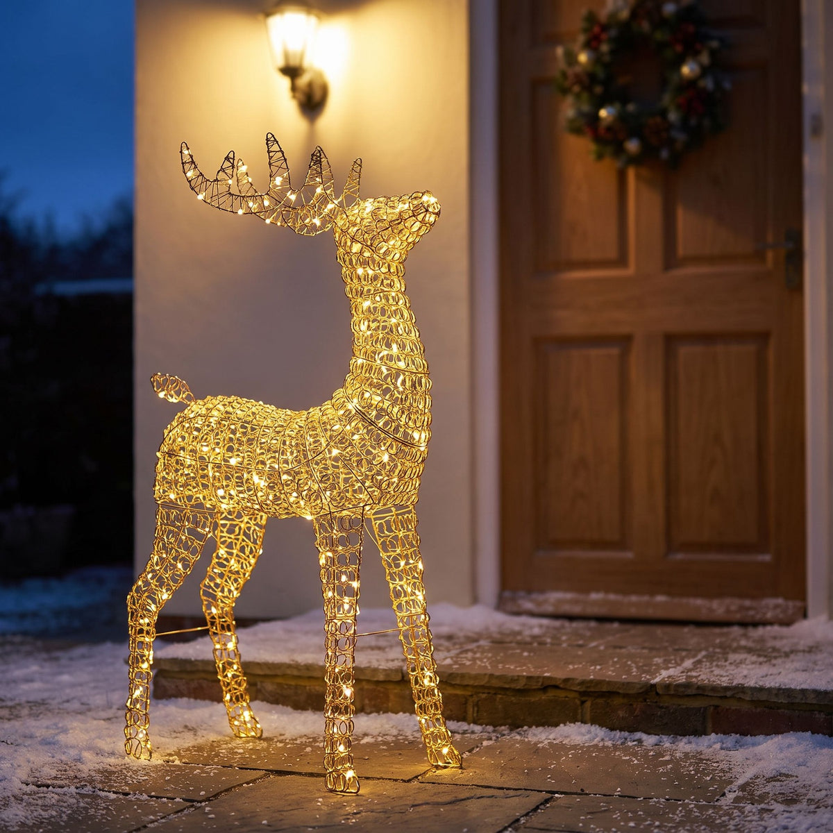 Pre-Lit Christmas Gold Curly Standing Stag 80cm with 600 Warm White LED Micro-Lights