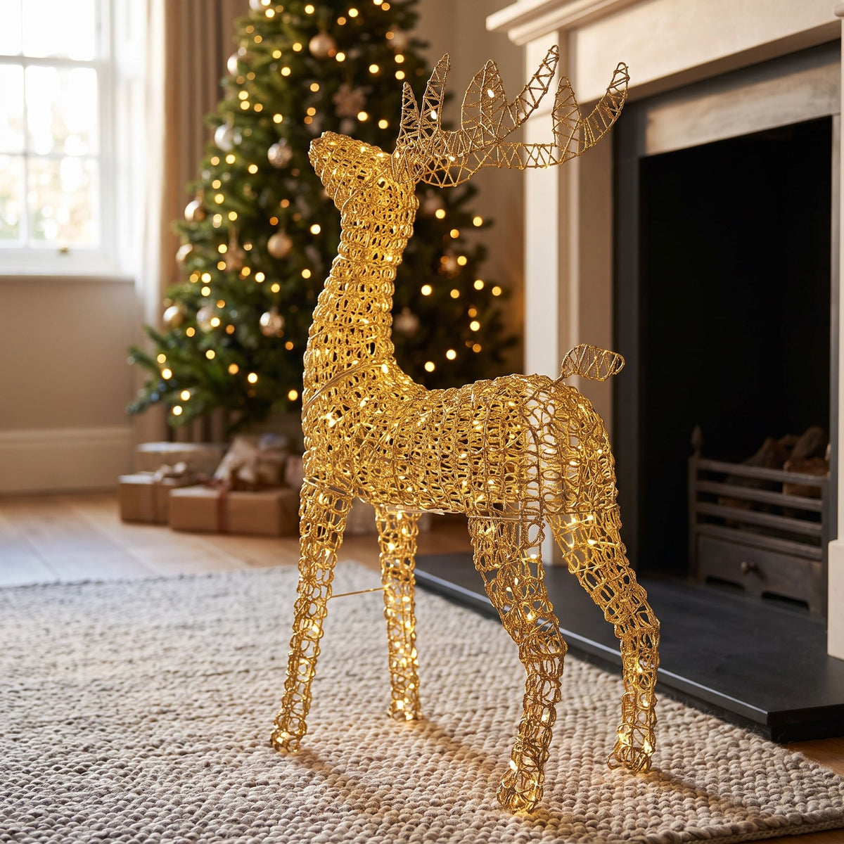 Pre-Lit Christmas Gold Curly Standing Stag 80cm with 600 Warm White LED Micro-Lights
