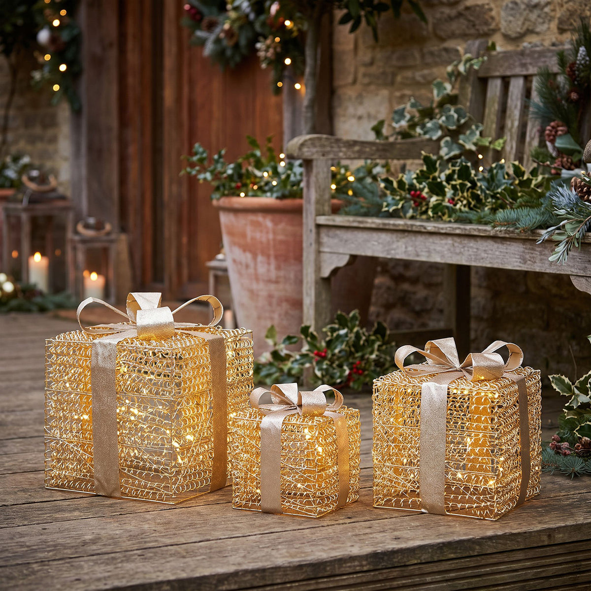 Pre-Lit Christmas Gold Curly Set of 3 Presents with 3000 Warm White LED Micro-Lights