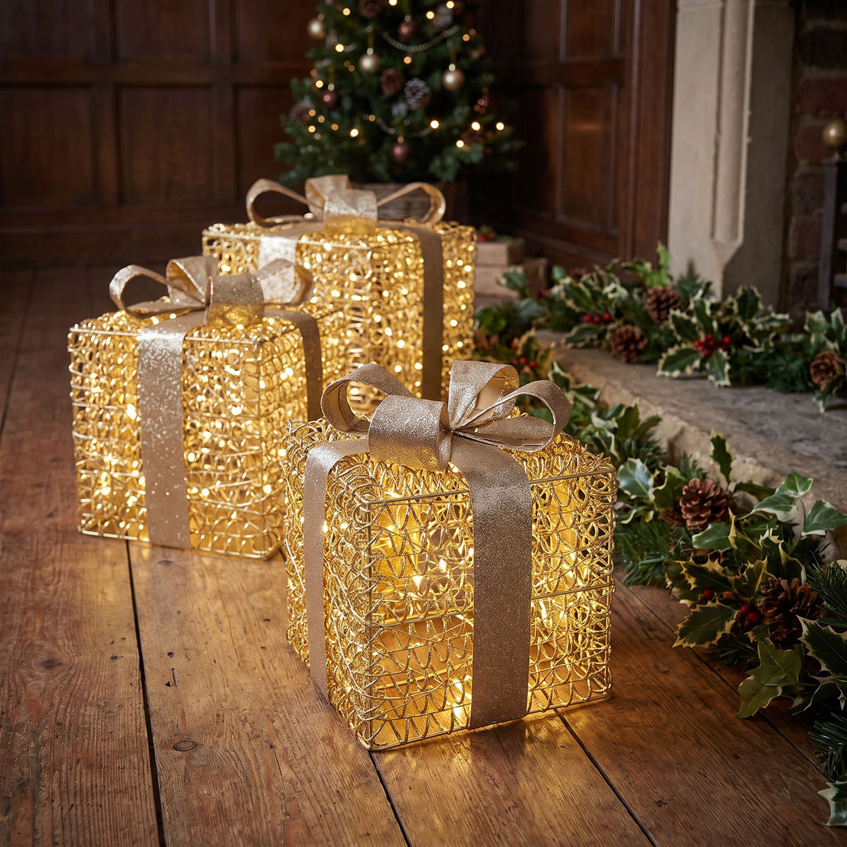 Pre-Lit Christmas Gold Curly Set of 3 Presents with 3000 Warm White LED Micro-Lights