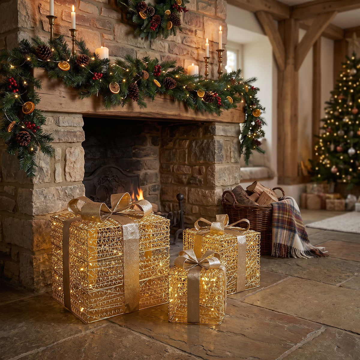 Pre-Lit Christmas Gold Curly Set of 3 Presents with 3000 Warm White LED Micro-Lights