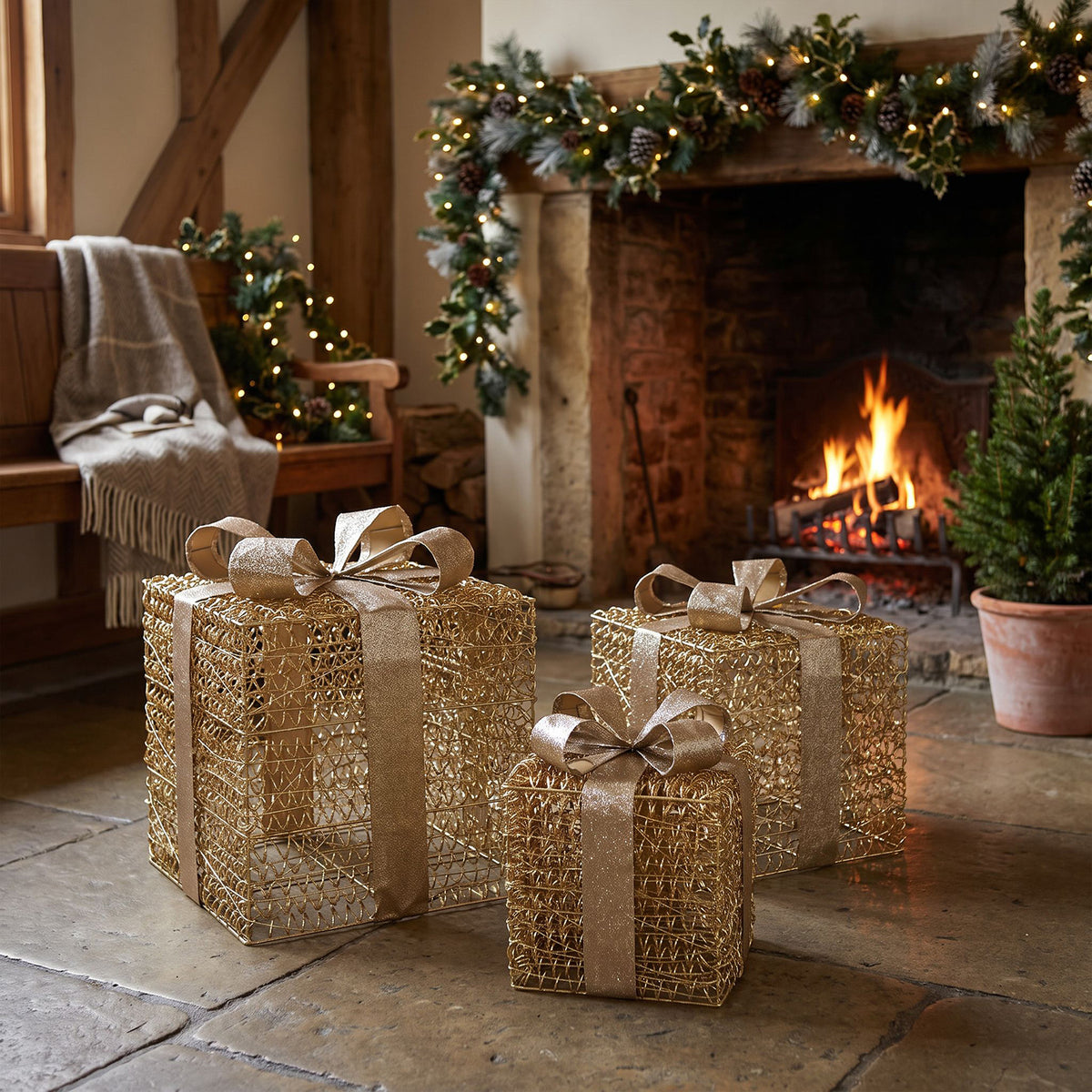 Pre-Lit Christmas Gold Curly Set of 3 Presents with 3000 Warm White LED Micro-Lights