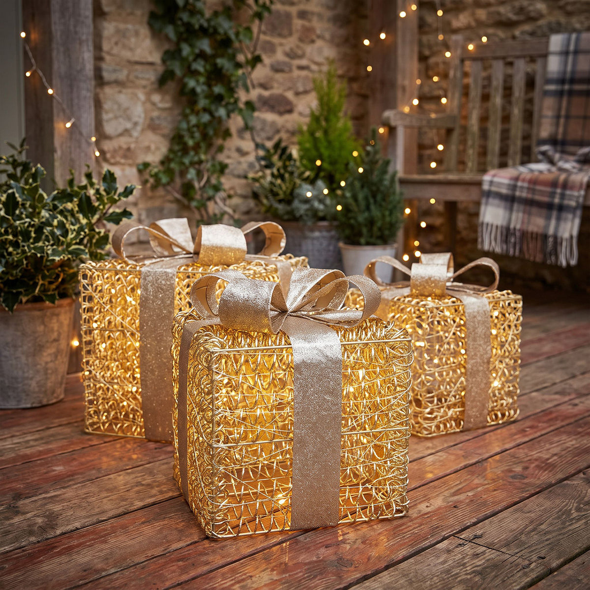 Pre-Lit Christmas Gold Curly Set of 3 Presents with 3000 Warm White LED Micro-Lights