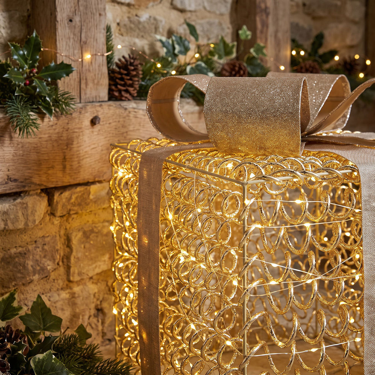Pre-Lit Christmas Gold Curly Set of 3 Presents with 3000 Warm White LED Micro-Lights