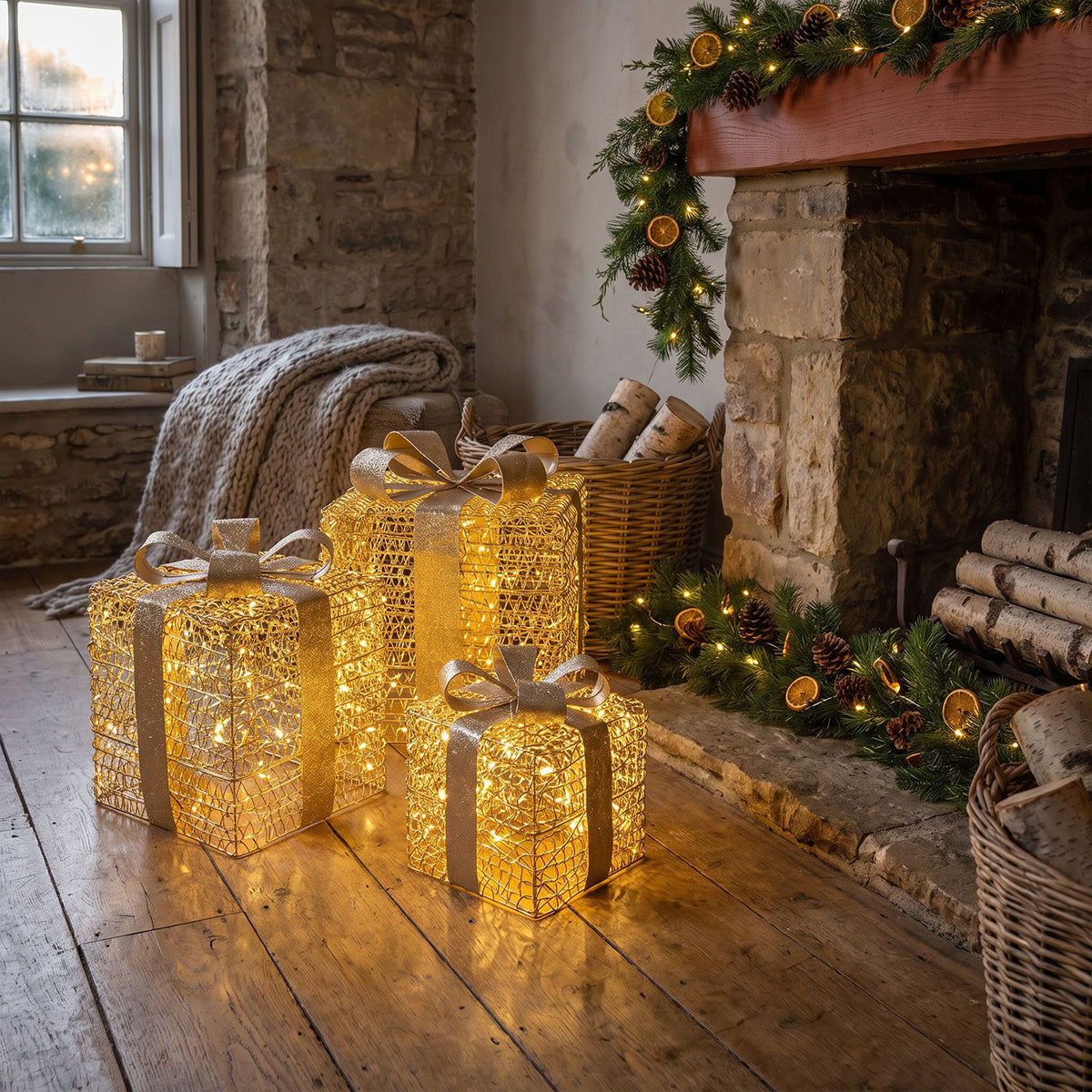 Pre-Lit Christmas Gold Curly Set of 3 Presents with 3000 Warm White LED Micro-Lights